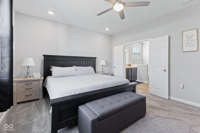7834 Fairwood Blvd, Plainfield, IN 46168 - carpeted bedroom with baseboards, connected bathroom, a ceiling fan, and recessed lighting