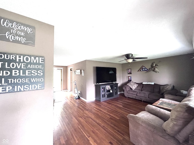 5174 S Greensboro Pike, Knightstown, IN 46148 - living room with wood finished floors, a ceiling fan, and baseboards