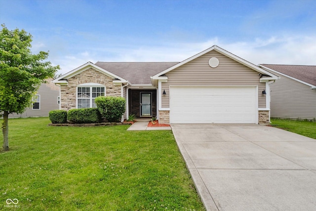 5258 Brassie Dr, Indianapolis, IN 46235 - single story home with an attached garage, a front lawn, concrete driveway, and stone siding