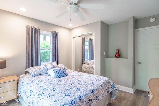 5315 Camden St, Indianapolis, IN 46227 - bedroom featuring wood finished floors, baseboards, a closet, a ceiling fan, and recessed lighting