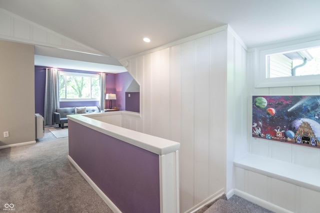 5315 Camden St, Indianapolis, IN 46227 - corridor featuring carpet, lofted ceiling, and a decorative wall