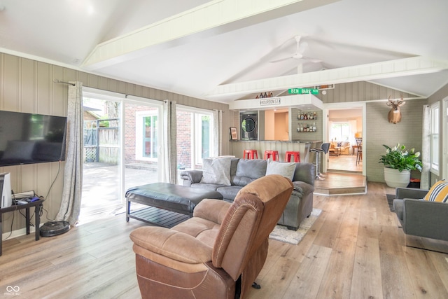 5315 Camden St, Indianapolis, IN 46227 - living area featuring vaulted ceiling, light wood-style flooring, and ceiling fan
