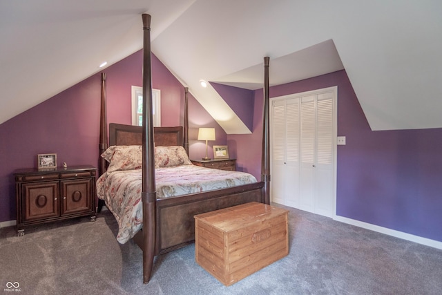 5315 Camden St, Indianapolis, IN 46227 - carpeted bedroom featuring lofted ceiling, a closet, and baseboards