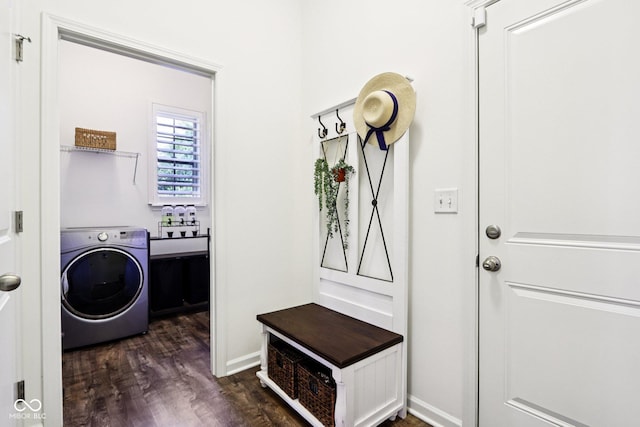 1521 Avondale Dr, Westfield, IN 46074 - laundry area with washer / dryer, dark wood-style floors, and baseboards