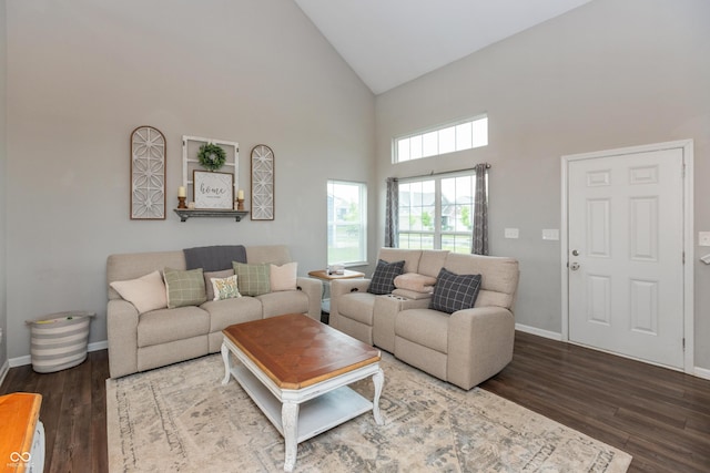 929 Capricorn Dr, Franklin, IN 46131 - living room featuring high vaulted ceiling, baseboards, and wood finished floors