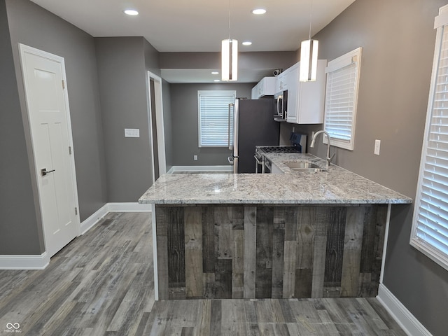 2035 S Pennsylvania St, Indianapolis, IN 46225 - kitchen featuring appliances with stainless steel finishes, a sink, white cabinets, light stone countertops, and wood finished floors