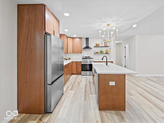31 Mckenzie St, Shelbyville, IN 46176 - kitchen featuring stainless steel appliances, wall chimney range hood, light countertops, open shelves, and brown cabinets