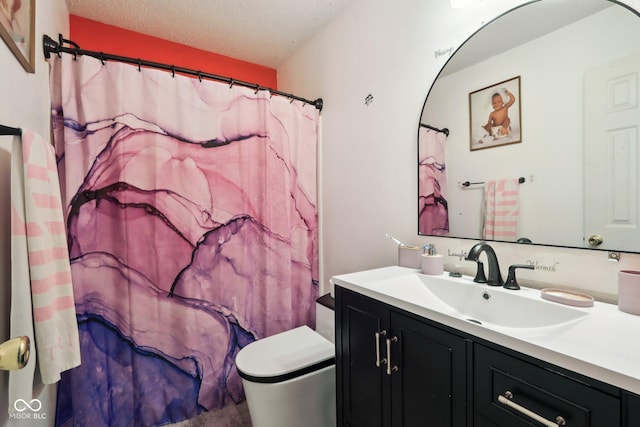 2887 Ludwig Dr, Indianapolis, IN 46239 - bathroom with vanity, toilet, a textured ceiling, and curtained shower