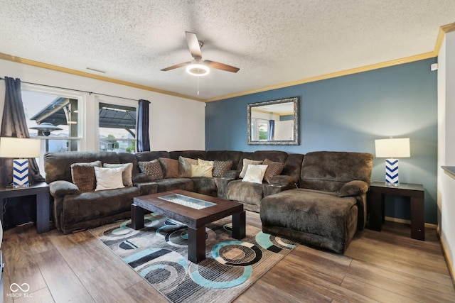 2887 Ludwig Dr, Indianapolis, IN 46239 - living room with ceiling fan, wood finished floors, ornamental molding, and a textured ceiling