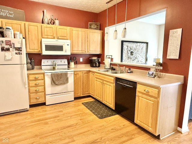 7042 Gavin Dr, Indianapolis, IN 46217 - kitchen featuring white appliances, light brown cabinets, light wood-style floors, light countertops, and pendant lighting