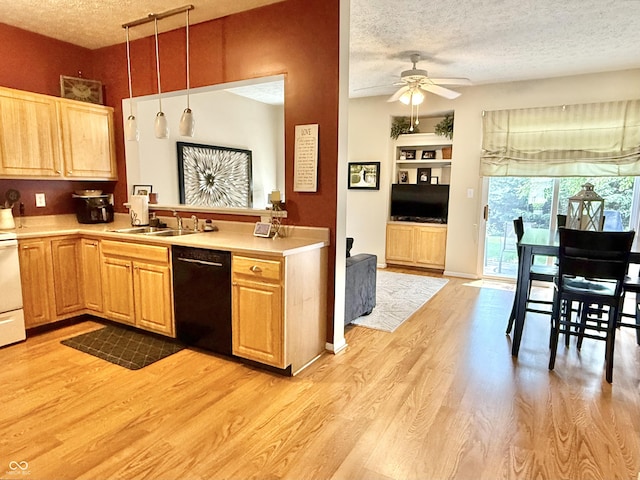 7042 Gavin Dr, Indianapolis, IN 46217 - kitchen featuring black dishwasher, a textured ceiling, a ceiling fan, light wood-type flooring, and light countertops