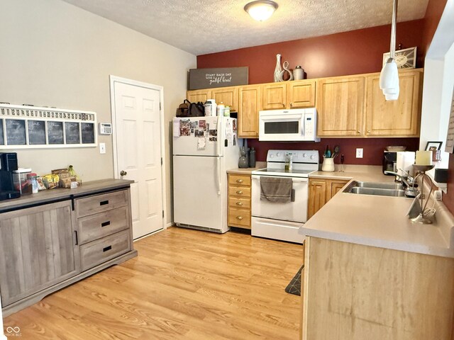 7042 Gavin Dr, Indianapolis, IN 46217 - kitchen featuring white appliances, light brown cabinets, light wood finished floors, light countertops, and a textured ceiling