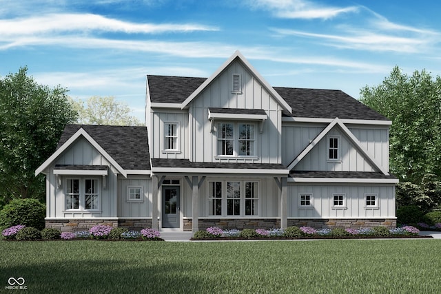1465 Old Hickory Ln, Westfield, IN 46074 - modern farmhouse with board and batten siding, a front yard, a shingled roof, and stone siding