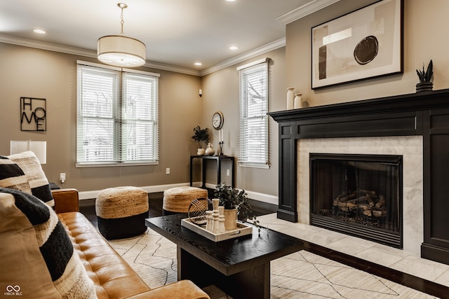 2016 Central Ave, Indianapolis, IN 46202 - living room with a fireplace, ornamental molding, recessed lighting, and baseboards