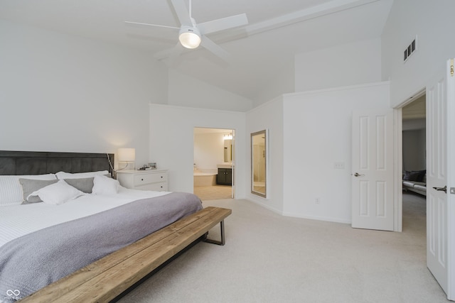 3876 Kegler Way, Carmel, IN 46074 - bedroom featuring light carpet, high vaulted ceiling, ensuite bathroom, ceiling fan, and baseboards