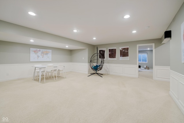 3876 Kegler Way, Carmel, IN 46074 - recreation room featuring recessed lighting, wainscoting, a decorative wall, and carpet floors