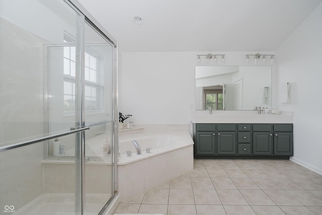 3876 Kegler Way, Carmel, IN 46074 - full bath with a bath, double vanity, a shower stall, and tile patterned floors