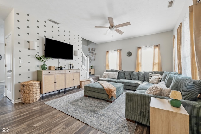 5030 E 800 N, Columbus, IN 47203 - living room with a ceiling fan, wood finished floors, stairway, and baseboards