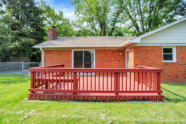 13172 E 116th St, Fishers, IN 46037 - back of house with brick siding, a chimney, a deck, and roof with shingles