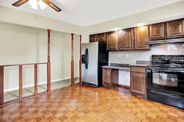 13172 E 116th St, Fishers, IN 46037 - kitchen with stainless steel fridge with ice dispenser, black electric range, extractor fan, baseboards, and ceiling fan
