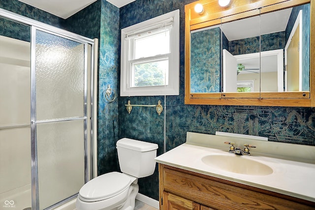 13172 E 116th St, Fishers, IN 46037 - full bath featuring vanity, toilet, a stall shower, and wallpapered walls