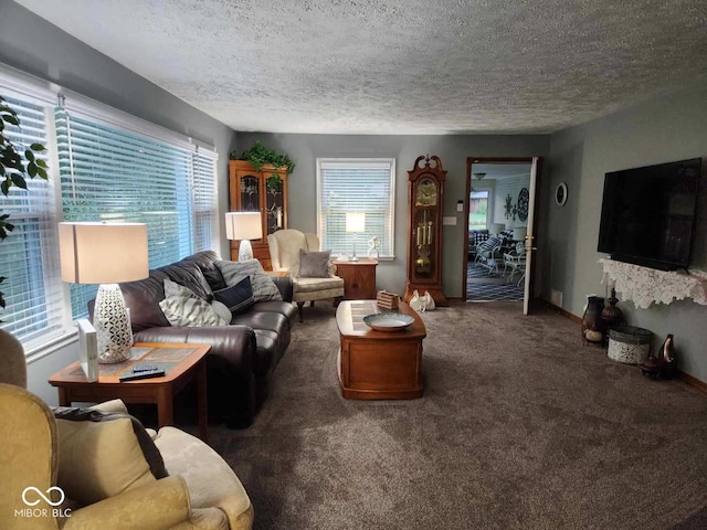 1322 Greenway Dr, Anderson, IN 46011 - carpeted living area with a textured ceiling and baseboards