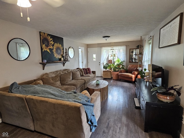 29 Home Ave, Markleville, IN 46056 - living area with dark wood-type flooring, a textured ceiling, and a ceiling fan