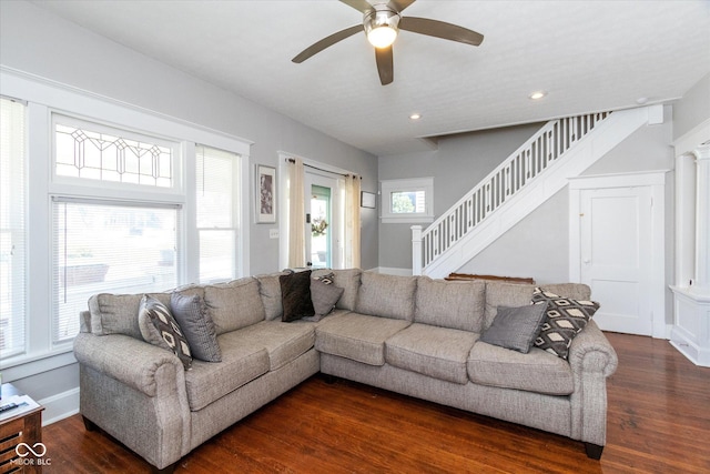 831 Weghorst St, Indianapolis, IN 46203 - living room featuring a ceiling fan, dark wood-style floors, stairway, recessed lighting, and baseboards