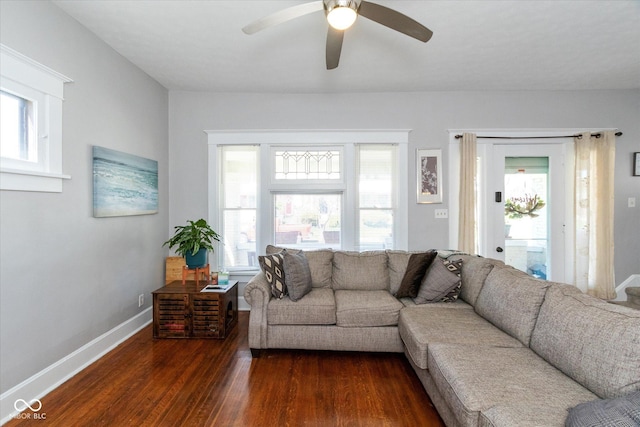 831 Weghorst St, Indianapolis, IN 46203 - living room featuring dark wood-style floors, ceiling fan, and baseboards