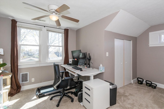 831 Weghorst St, Indianapolis, IN 46203 - office area featuring light carpet, baseboards, ceiling fan, and lofted ceiling