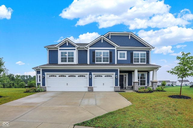 6762 Brentwood Ct, Brownsburg, IN 46112 - craftsman-style house featuring a garage, concrete driveway, a front lawn, stone siding, and a porch