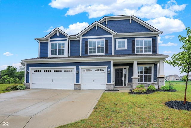 6762 Brentwood Ct, Brownsburg, IN 46112 - craftsman house featuring an attached garage, driveway, a front lawn, and stone siding