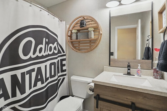 2145 W Autumn Ln, Columbus, IN 47201 - bathroom with a textured wall, toilet, vanity, and curtained shower