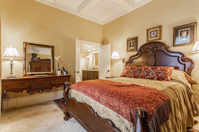 224 N Pennsylvania St, Greenfield, IN 46140 - bedroom with coffered ceiling, crown molding, connected bathroom, and beam ceiling