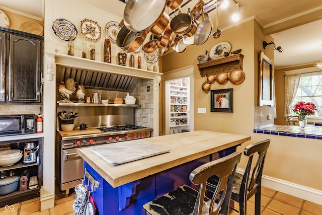 224 N Pennsylvania St, Greenfield, IN 46140 - kitchen featuring wood counters, ornamental molding, tasteful backsplash, light tile patterned flooring, and stainless steel range
