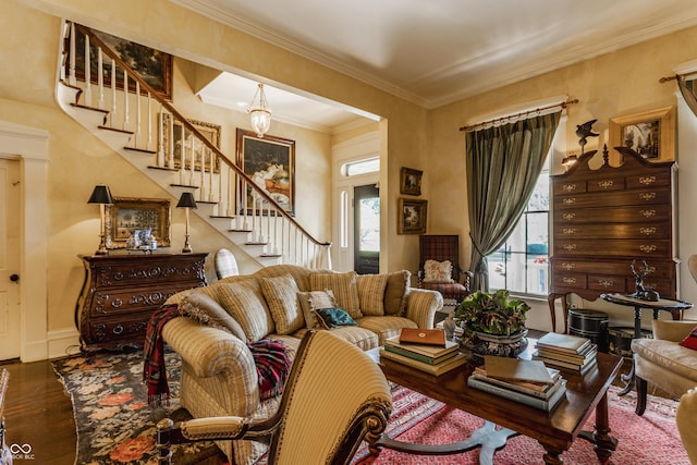 224 N Pennsylvania St, Greenfield, IN 46140 - living area featuring stairway, plenty of natural light, wood finished floors, and ornamental molding