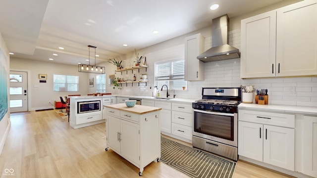615 Orange St, Indianapolis, IN 46203 - kitchen with wall chimney exhaust hood, appliances with stainless steel finishes, a sink, backsplash, and recessed lighting