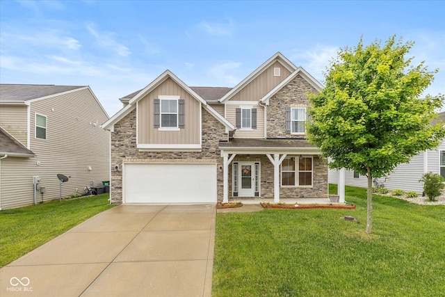 5767 Bluff View Ln, Whitestown, IN 46075 - craftsman-style home with stone siding, board and batten siding, driveway, an attached garage, and a front lawn