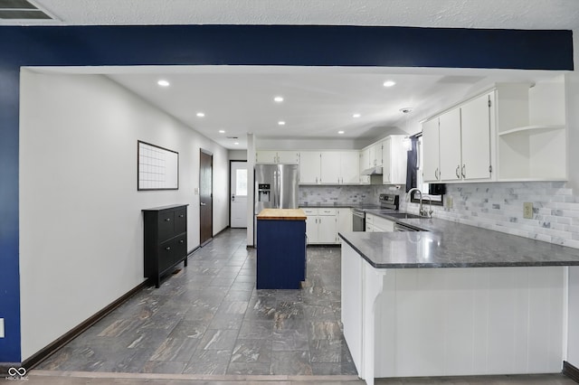 8510 N Carroll Rd, Indianapolis, IN 46236 - kitchen featuring appliances with stainless steel finishes, open shelves, a sink, decorative backsplash, and recessed lighting