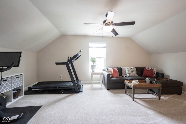 14514 Glapthorn Rd, Fishers, IN 46037 - workout area with carpet floors, vaulted ceiling, and ceiling fan