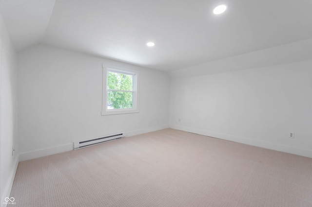 2602 State St, New Castle, IN 47362 - additional living space with a baseboard radiator, vaulted ceiling, light carpet, baseboards, and recessed lighting
