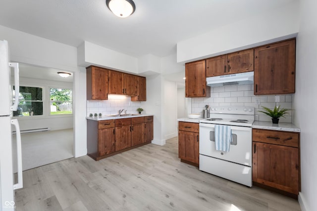 2602 State St, New Castle, IN 47362 - kitchen featuring electric stove, under cabinet range hood, light wood-style floors, light countertops, and a sink
