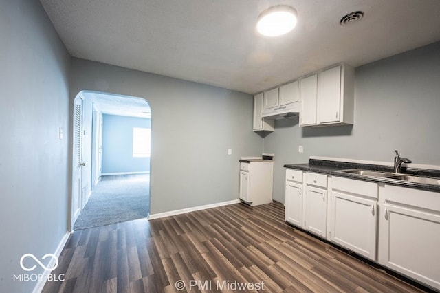 5050 W Regent St, Indianapolis, IN 46241 - kitchen with a sink, dark wood-style flooring, arched walkways, white cabinetry, and dark countertops