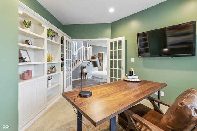 8663 N Commonview Dr, Mccordsville, IN 46055 - office featuring french doors, baseboards, and light carpet