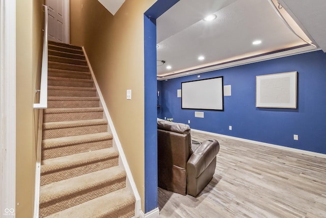 8663 N Commonview Dr, Mccordsville, IN 46055 - home theater room featuring wood finished floors, baseboards, and recessed lighting