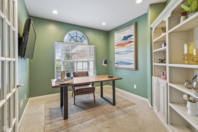8663 N Commonview Dr, Mccordsville, IN 46055 - home office featuring light carpet, baseboards, and recessed lighting