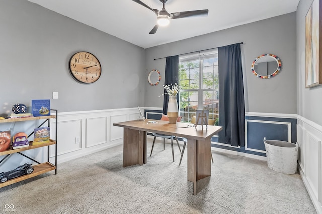 8663 N Commonview Dr, Mccordsville, IN 46055 - carpeted office featuring wainscoting, a ceiling fan, and a decorative wall