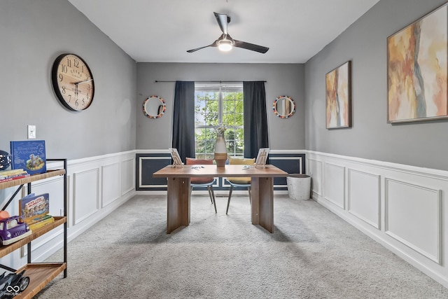 8663 N Commonview Dr, Mccordsville, IN 46055 - office space with light colored carpet, a decorative wall, ceiling fan, and wainscoting