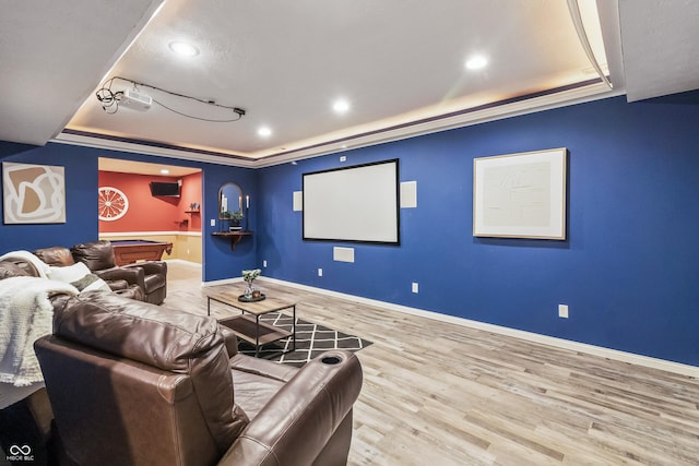 8663 N Commonview Dr, Mccordsville, IN 46055 - cinema with a raised ceiling, wood finished floors, baseboards, and recessed lighting