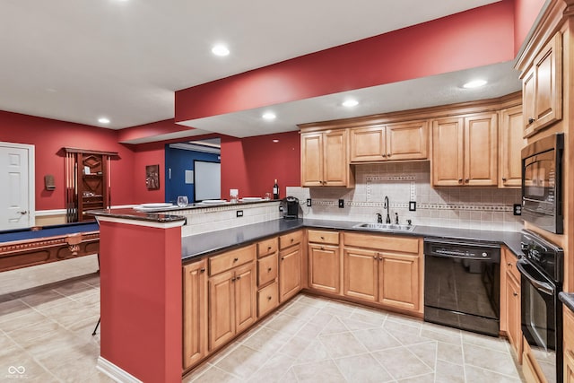8663 N Commonview Dr, Mccordsville, IN 46055 - kitchen featuring black appliances, a sink, a peninsula, light tile patterned floors, and dark countertops